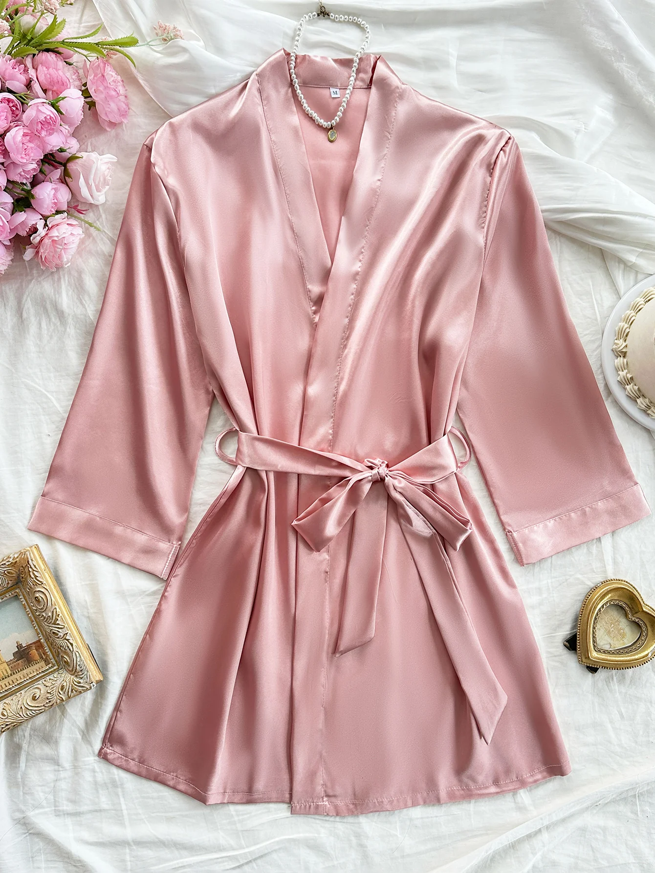 

Элегантный однотонный простой женский халат с v-образным вырезом и поясом, удобная одежда для дома