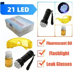 Lampe de poche UV à 21 LED en alliage d'aluminium, lunettes de protection, outil de réparation de teinture UV, Kit de détecteur de fuite système A/C pour climatisation de voiture