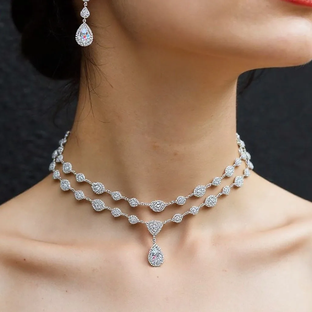 

2 Pcs Summer New Double Layers Stacking Elegant Ladies Jewellery Set Necklace Earrings Party Daily Prom Wedding Gift M-423