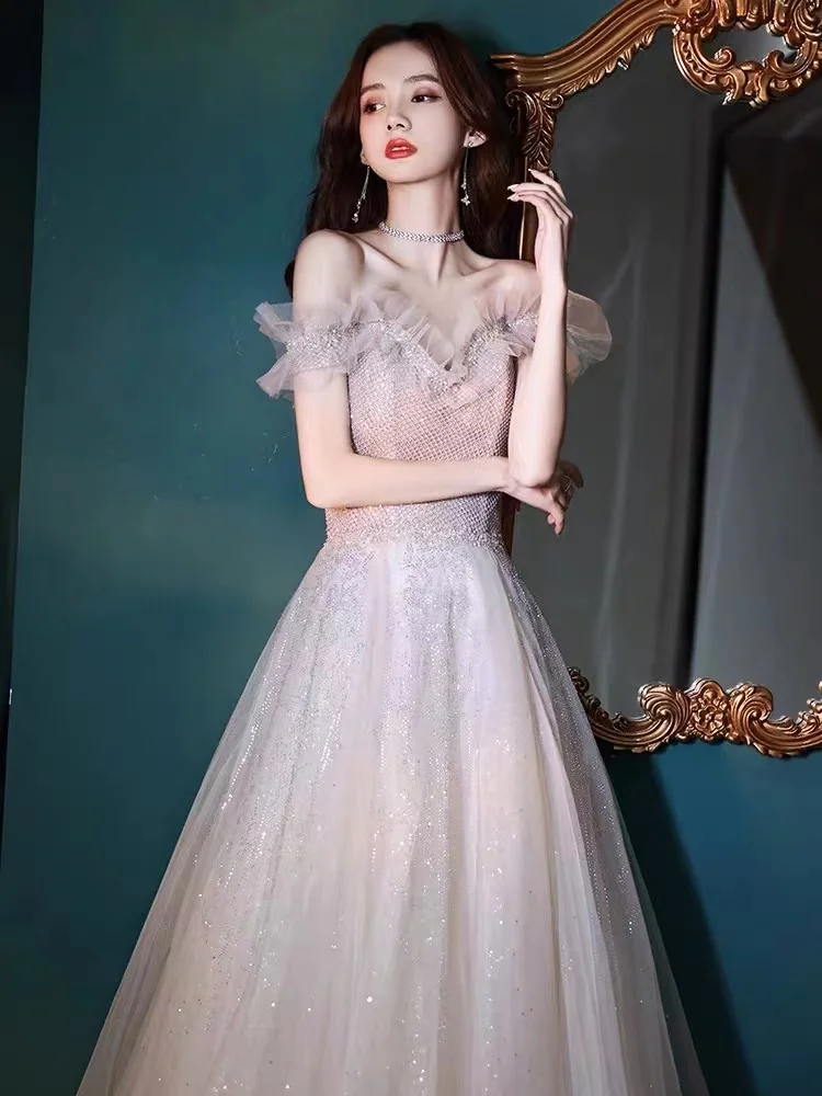 

Champagne Pink Luxury Mesh Temperament Off the Shoulder Evening Dresses Crystal Beading A-Line Backless Banquet Prom Party Gowns