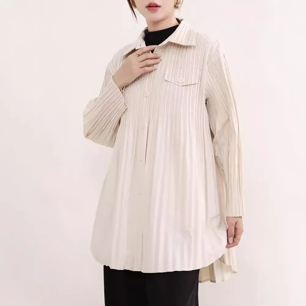 Miyake Pleated Early Autumn High-end Shirt Women's Fashion Casual All-match Lapel Single-breasted Dovetail Style Loose Outer Top