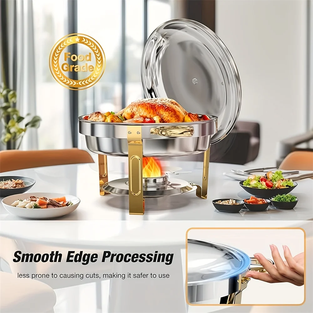 

Gold silver insulated food pot set, including 5-quart round stainless steel insulated pot, lid, and bracket. Suitable for partie