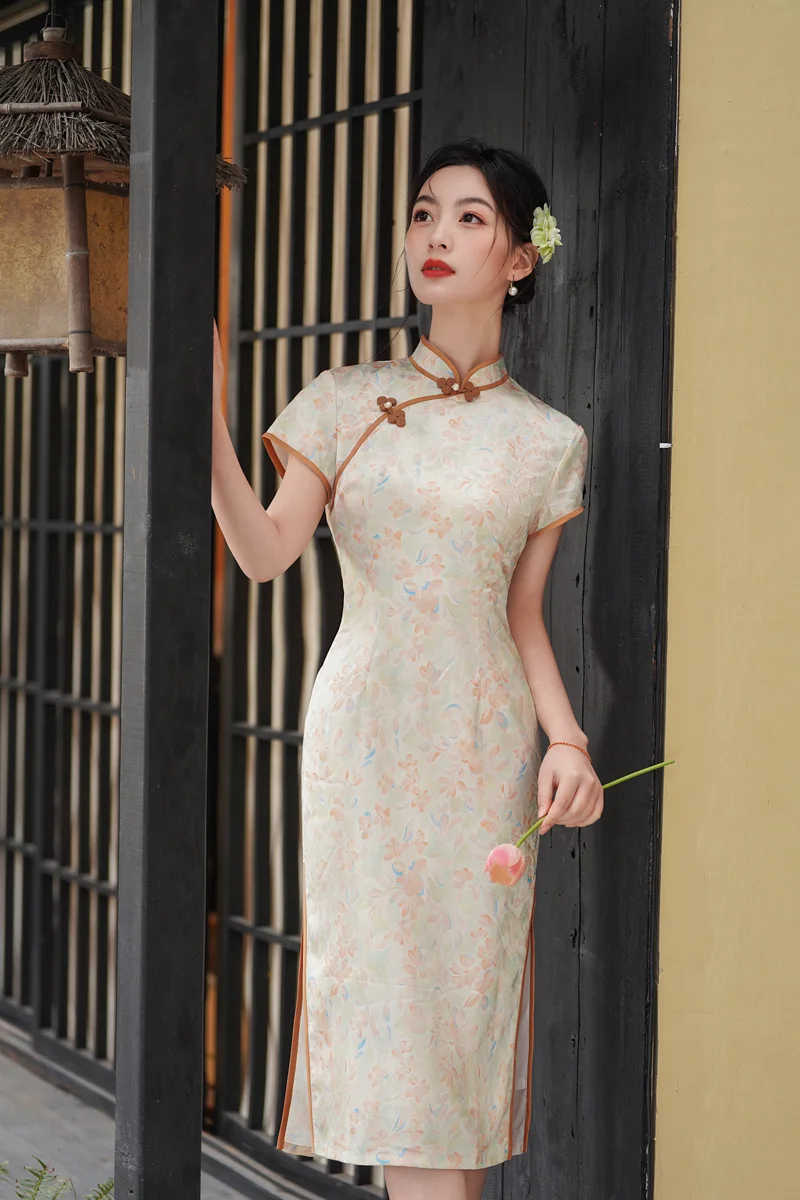 

Summer Short Sleeve Handmade Button Cheongsam Women's Chinese Style Vintage Printed Qipao Dress