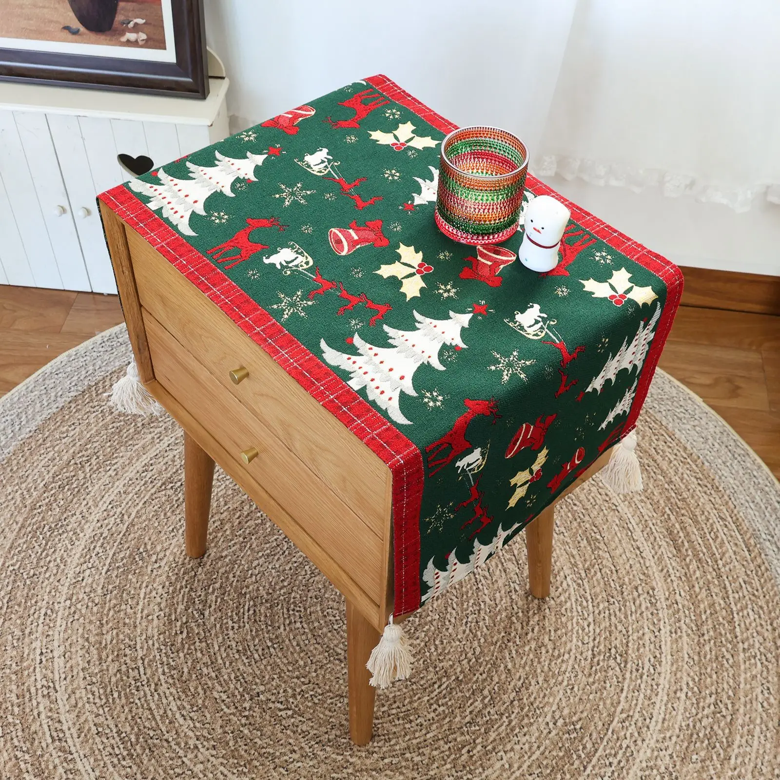 Christmas Jacquard Yarn-Dyed Green Table Runner Cartoon Table Side Cabinet Shoe Cabinet Washing Machine Tablecloth Dust Cloths