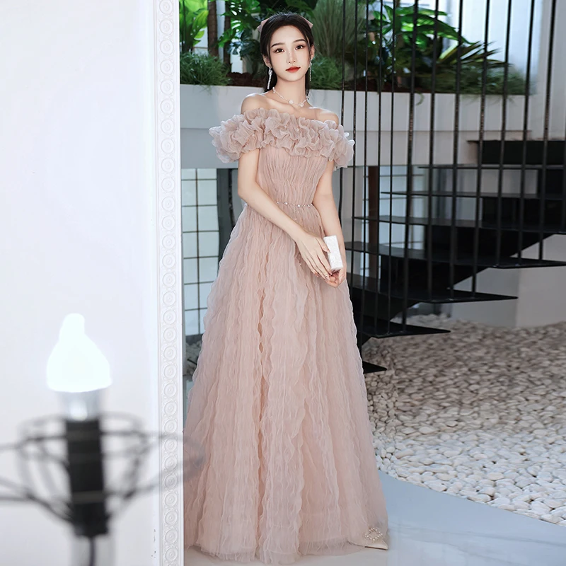 

It's Yiiya Evening Dress Pink Tulle Pleat Off the Shoulder A-line Floor-length Plus size Women Party Formal Gowns Customization