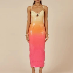 Sexy Women V Neck Starfish Suspender Dress Summer Fashion Sequin Slim Split Long Dresses Elegant Gradient Sleeveless Party Dress