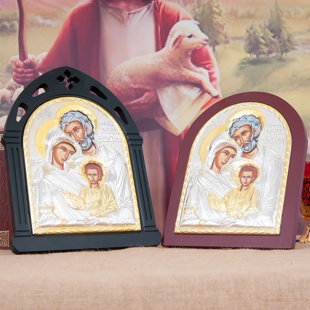 

HT Orthodox Church New Religious Holy Family Image Icon Gold Plated Jesus Maria Icon Red and Black Frame Church Home Decor