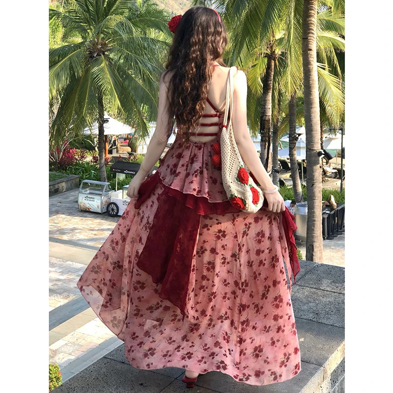 2025新作 夏 レディース ワンピース カジュアル Aライン ノースリーブ アシンメトリー スパゲッティストラップ キャミソール アンクル丈 ドレス T202