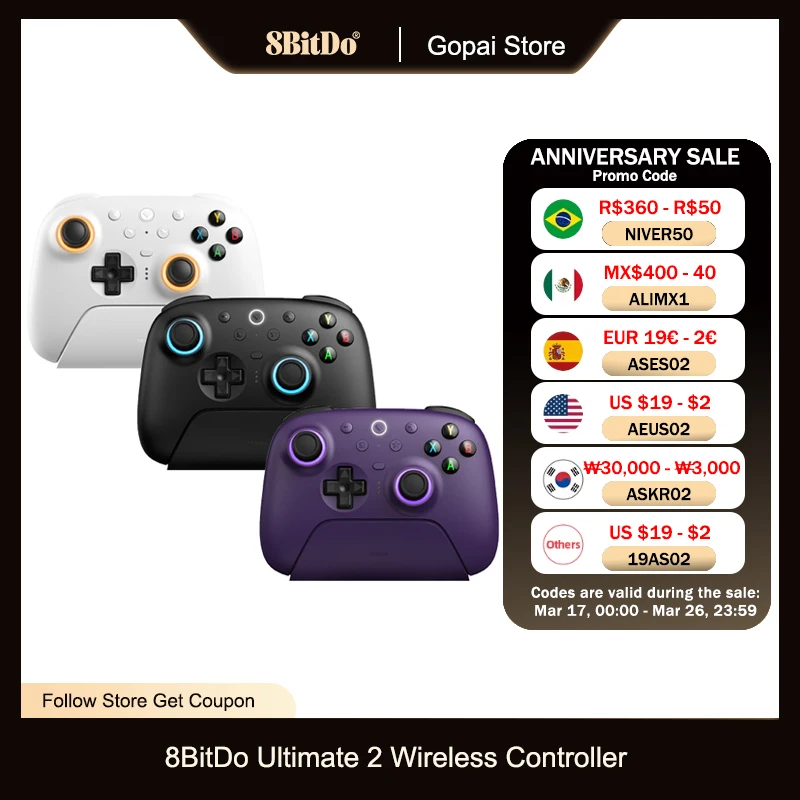 8BitDo New Ultimate 2 Wireless, TMR Joysticks & Hall Effect Triggers Controller with Charging Dock for PC,Windows 10,11,Android