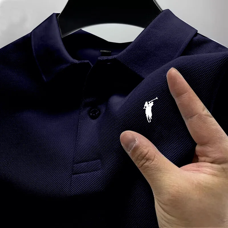 Men's Summer High-End Printed Golf Polo Shirt with Collar, Solid Color, Breathable, Office Casual, High-Quality Men's Clothing