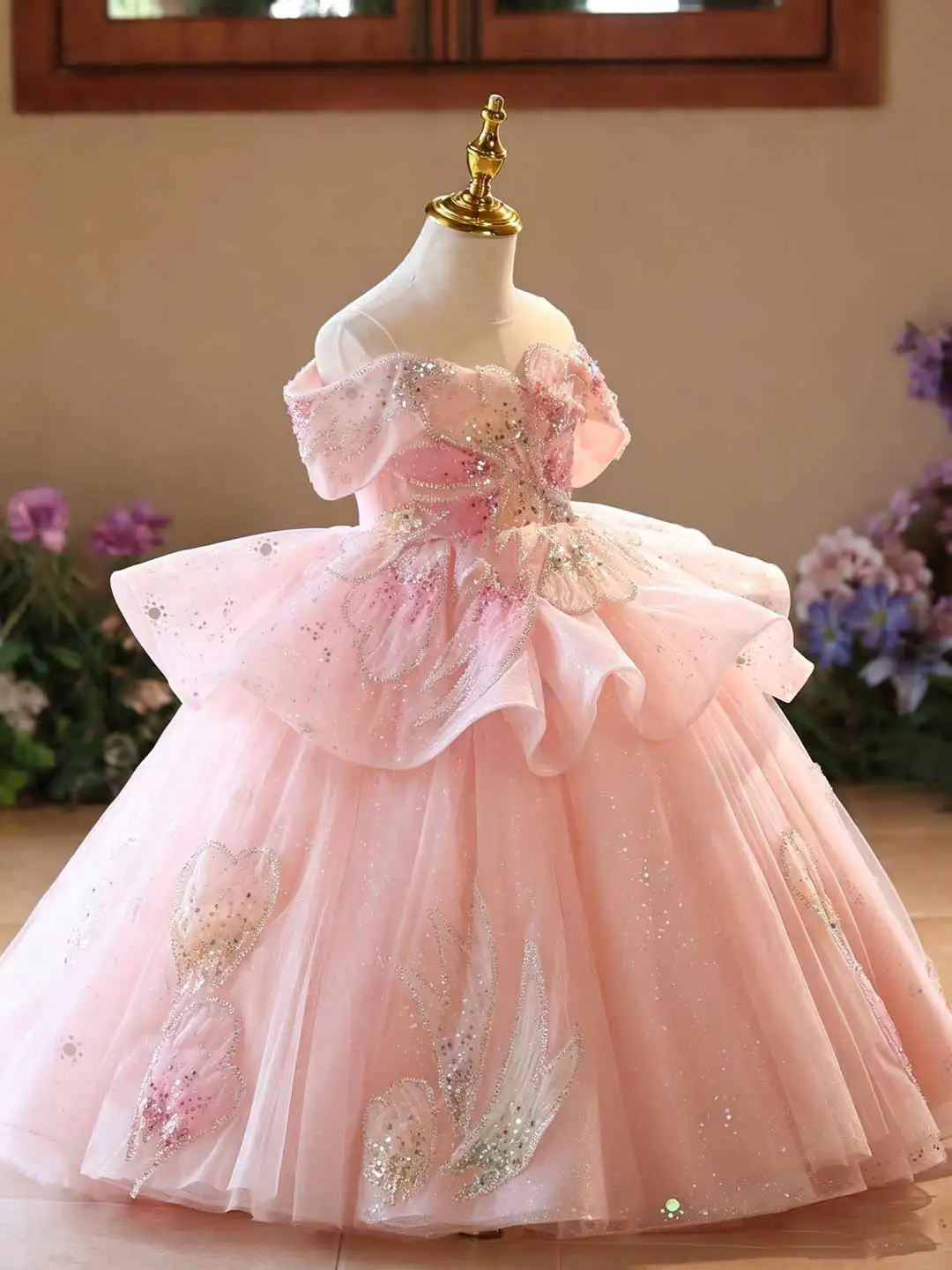 Jill Wish J630 Pink Off Shoulder Butterfly Girls Pageant Gown, Beaded Sequin Sparkly Tulle Princess Dress for Birthday & Wedding