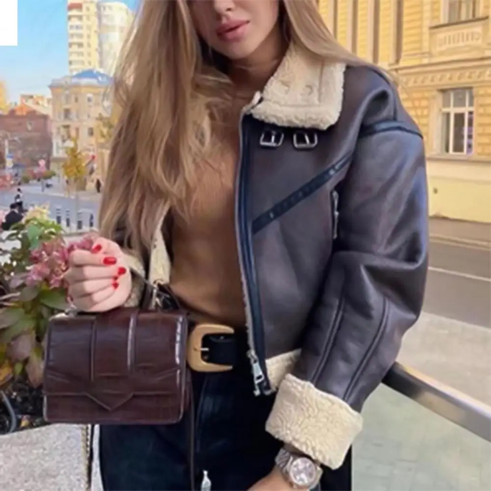 2023 Women Jacket Fashion Thick Warm Suede Lamb Coat Vintage Long Sleeve Flap Pocket Female Outerwear Chic Tops