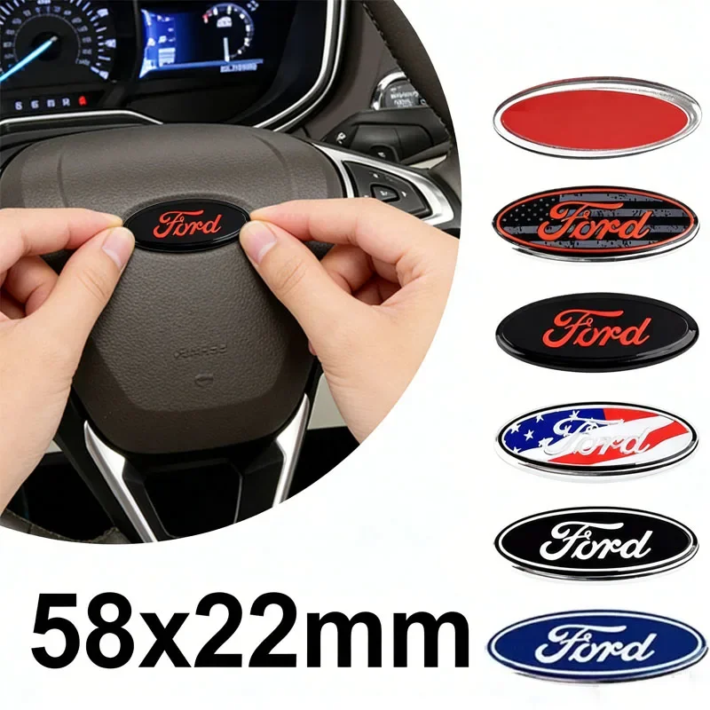 

58x22mm Alloy Auto Steering Wheel Emblem Badge Sticker for Ford Mondeo Edge Ecosport Transit ST RS Fiesta Kuga Fusion Focus 2 3