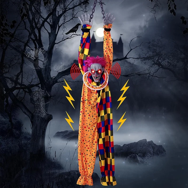 Hanging Clown Plastic 5.6 Ft Animated Talking & Shaking Scary Clown With Chain, Touch Activated For Halloween Decor