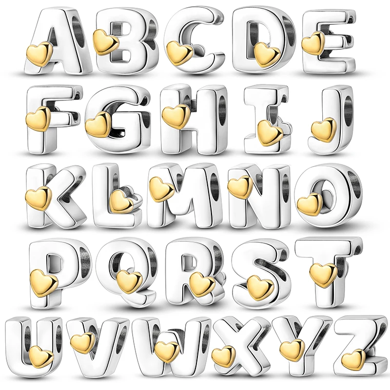 26 Letters A-Z Beads S925 Silver Two Tone Gold Heart Alphabet Charm Fit Pan Bracelet Women Custom Name Pendant Fine Jewelry Gift
