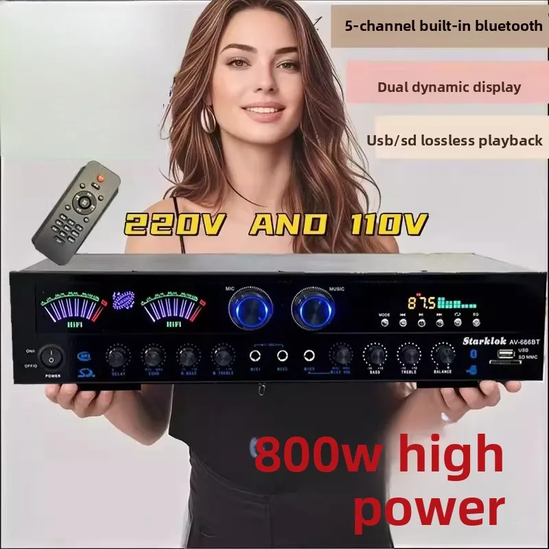 

110V AV666BT пятиканальный 5-канальный домашний Bluetooth-усилитель мощности 600W, высокомощный усилитель из алюминиевого сплава