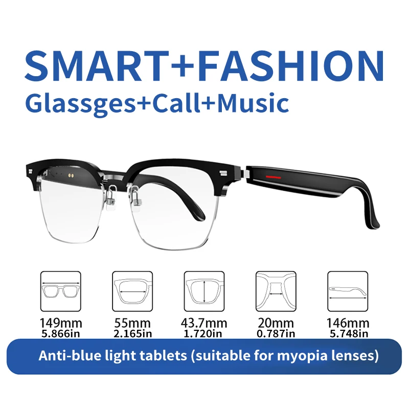 Smart Brille Wireless Bluetooth Anti Blaulicht & Sonnenbrille Eingebaute Mikrofon lautsprecher Touch & Voice Assistant kompatibel gl