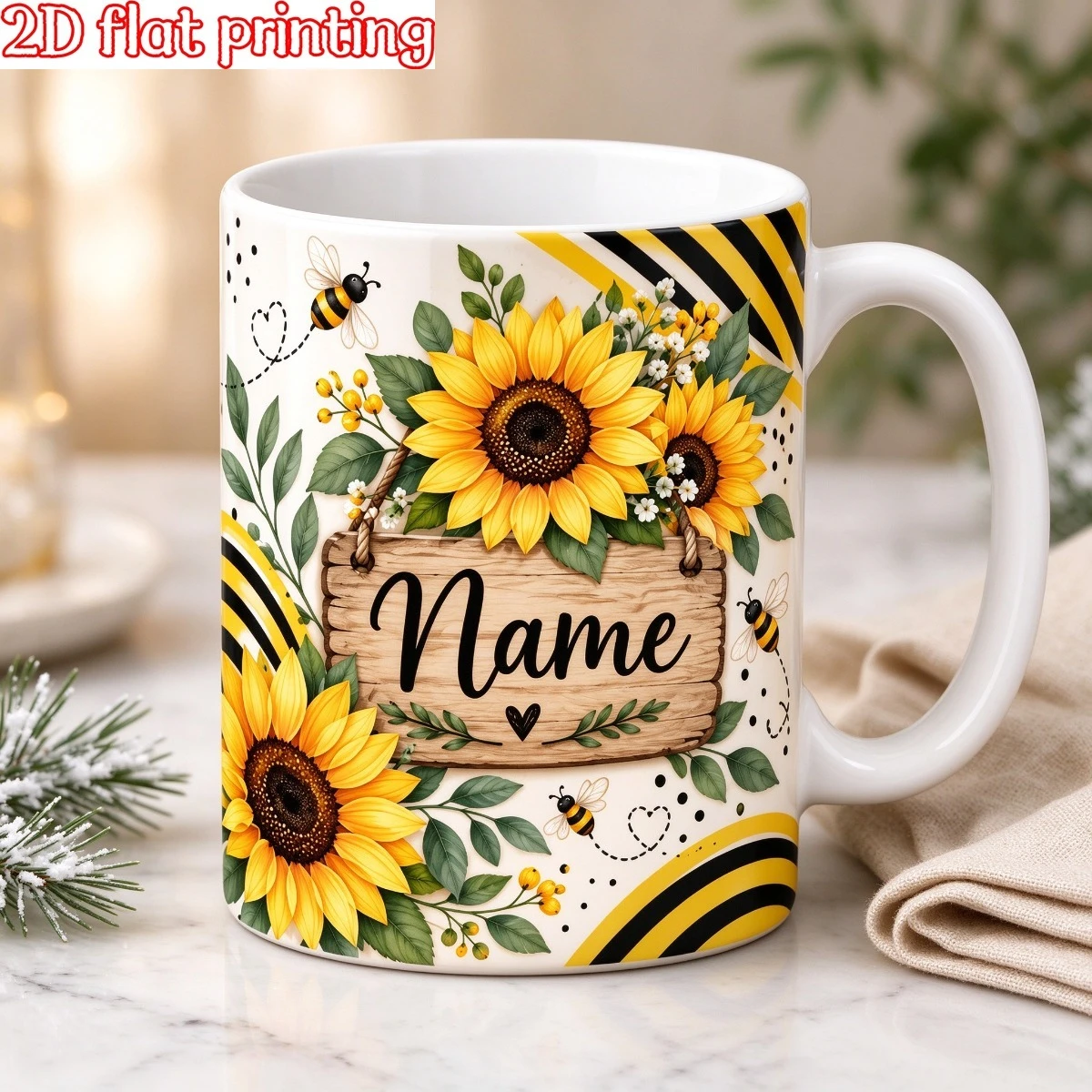 2D 1pc 11oz Personalized Sunflower Bee Coffee Mug, Daily Gift for Bestie, Water Cup Hand Wash Only, Microwave Safe