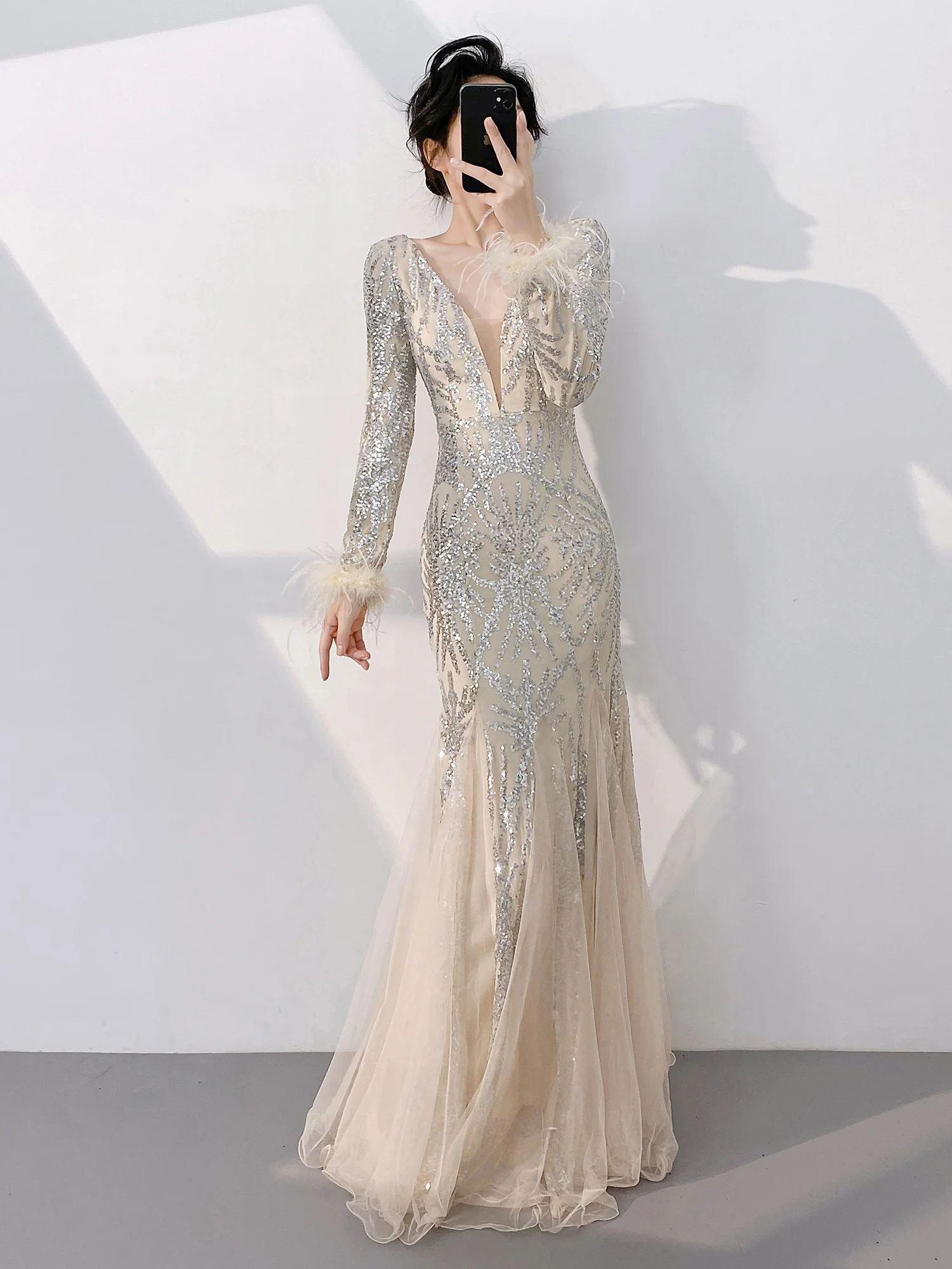 

Champagne Color Evening Gown Women's High-End Ele Beautiful Luxury Fi Tail Skirt for Annual Cany Dinner Host