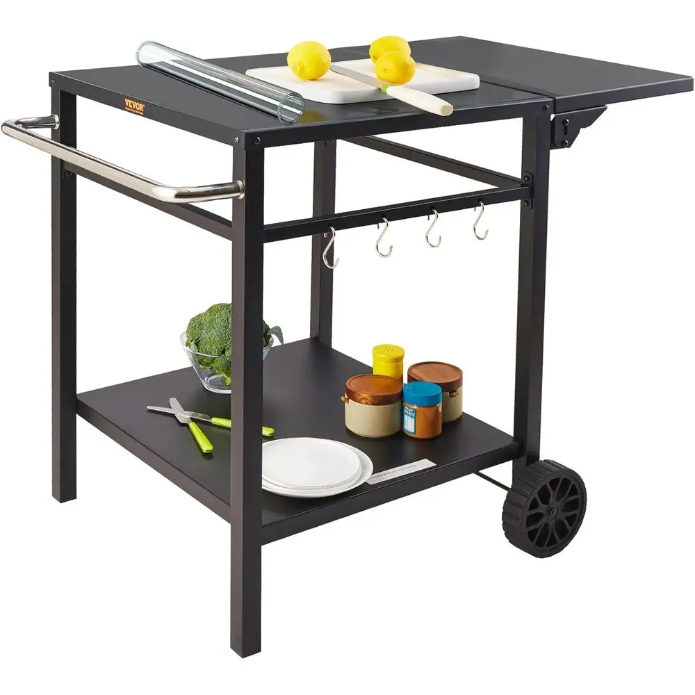 

Outdoor Grill Dining Cart with Double-Shel, BBQ Movable ood Prep Table, Multiunctional oldable Iron Table Top, Portable ular Car