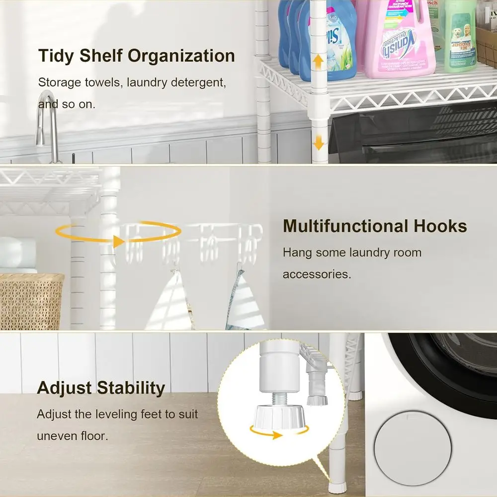 منظم تخزين مجفف الغسيل فوق الغسالة، 29.5 عرض × 17.3 عمق × 76.2 ارتفاع، يناسب آلات 27.1 وات، سعة تصل إلى 304 رطل، أبيض