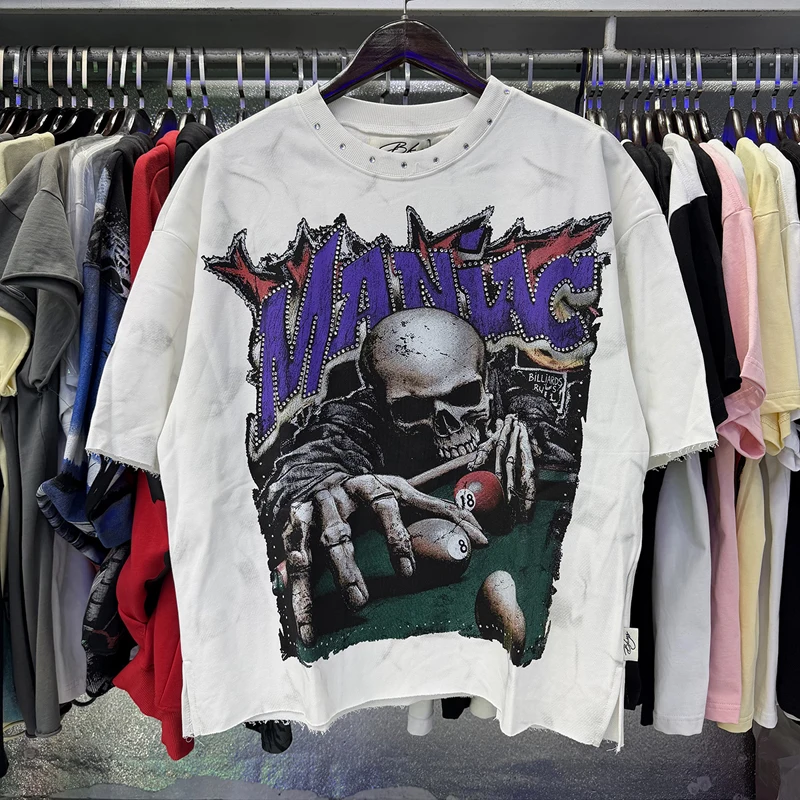 High Street Streetwear Brand Men Women Hip Hop BKYS Short Sleeved Fashion Billiards Skull Hot Diamond Print T-shirt Stock