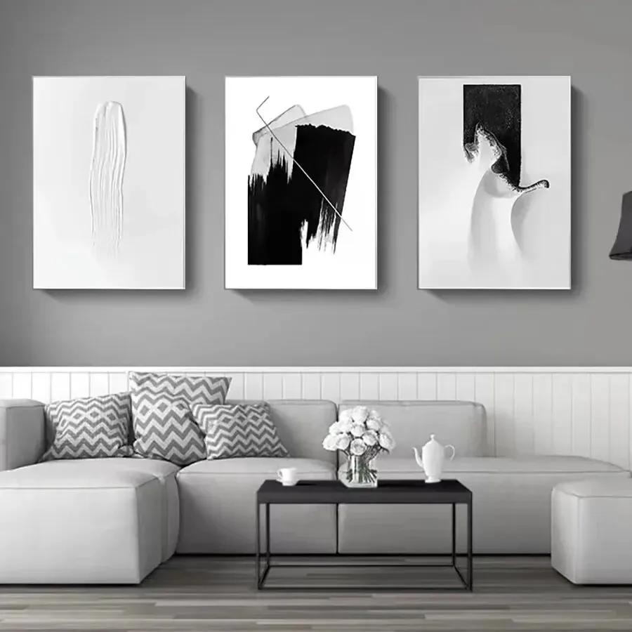 Nordic Modern Style Poster White Paint Scratches Wall Art Black and White Abstract Oil Painting Living Room Home Decoration