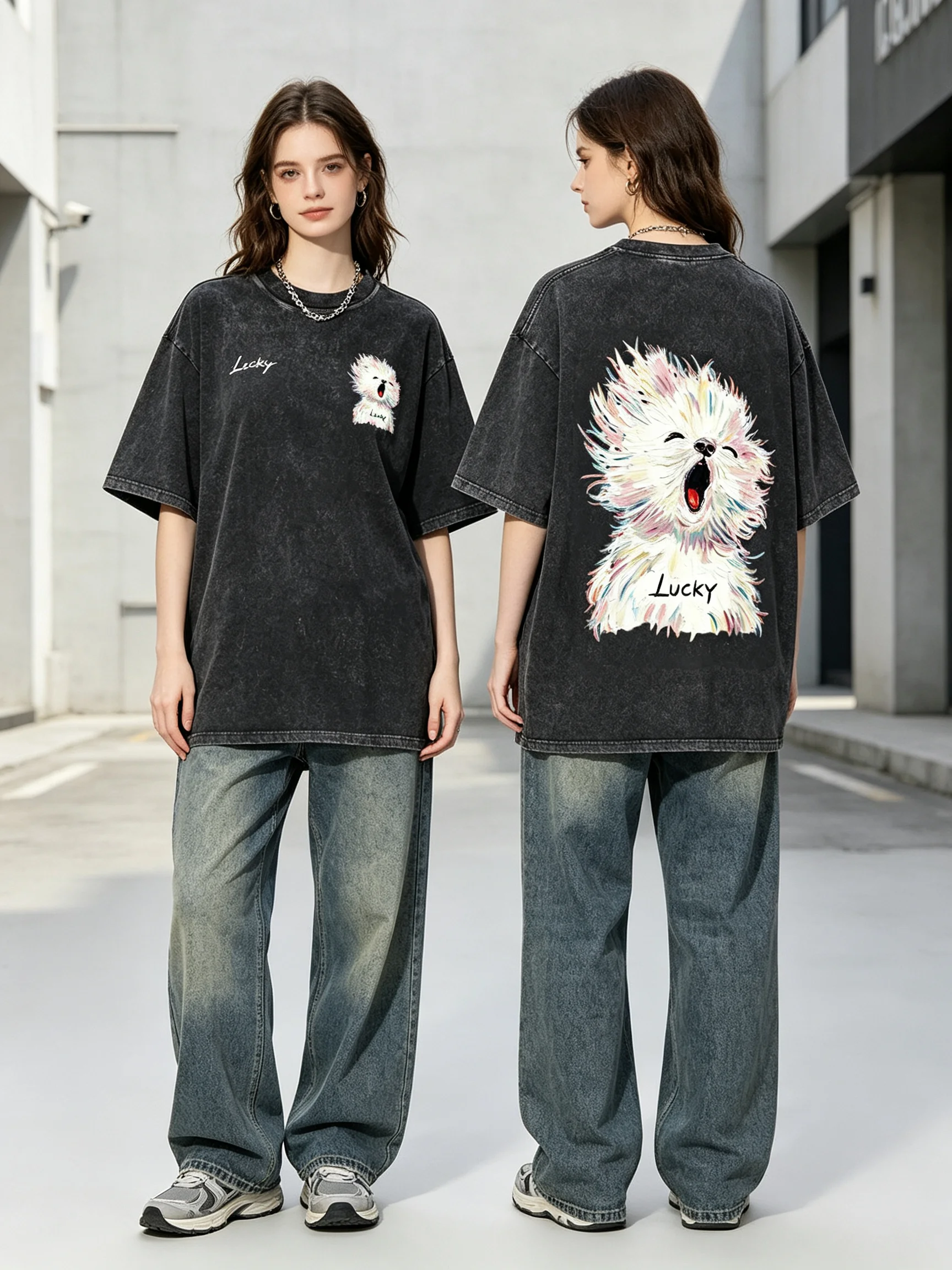 Retro Washed Tee Cute Fluffy Puppy Yawning Colorful Oil Painting Print Lucky Unisex Summer Short Sleeve Casual Oversized Graphic