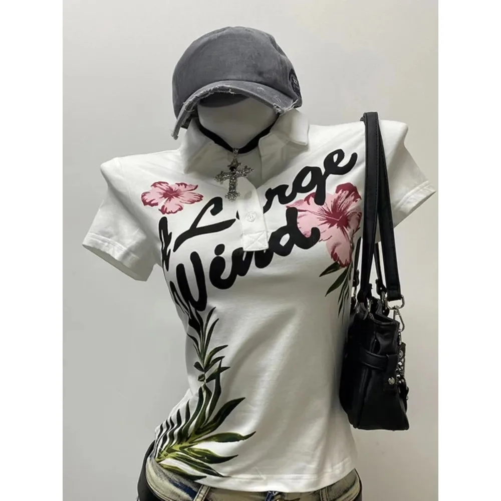 Letnie seksowne bluzki damskie z jednym ramieniem w stylu Y2K vintage, streetwear, casualowe koszulki z nadrukiem z lat 2000, koreańska moda, punkowe crop topy, lato 2024. — zdjęcie 2