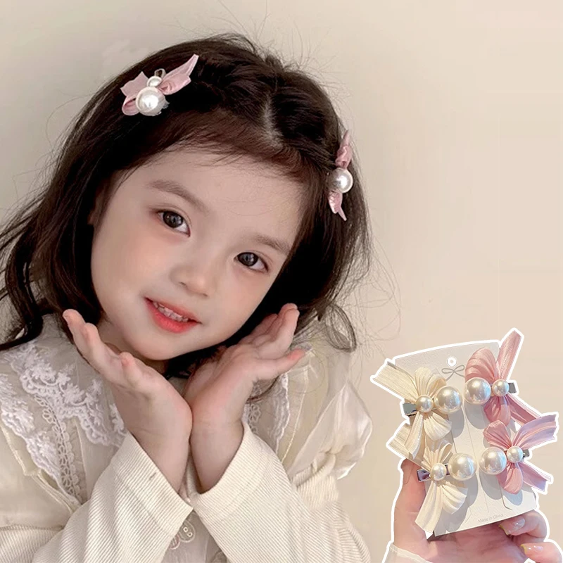 New Sweet Bow Pearl Hair Clips for Baby Girl Pink Bowknot Princess Sided Clips Bangs Clips Kids Barrettes Hair Accessory