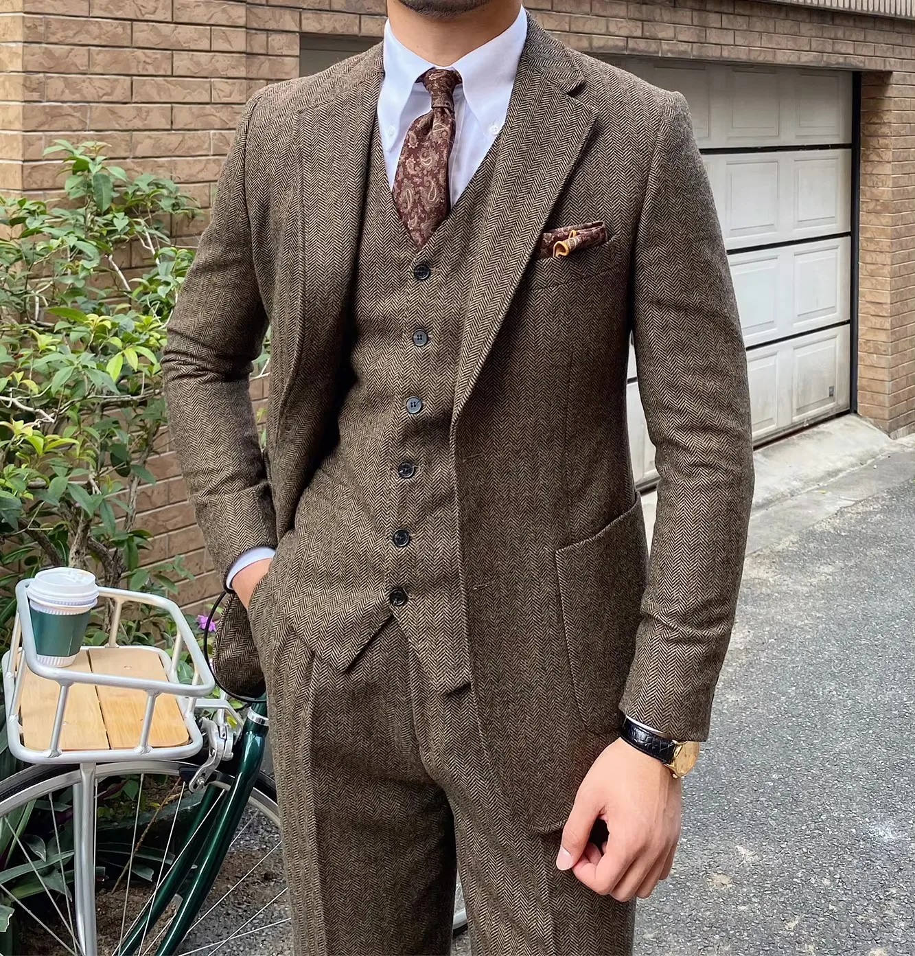 

Men's Brown/Gray Herringbone Suit 3Pcs Single Breasted Notch Lapel Blazer Set For Daily Groom Business Tuxedos Men Clothes