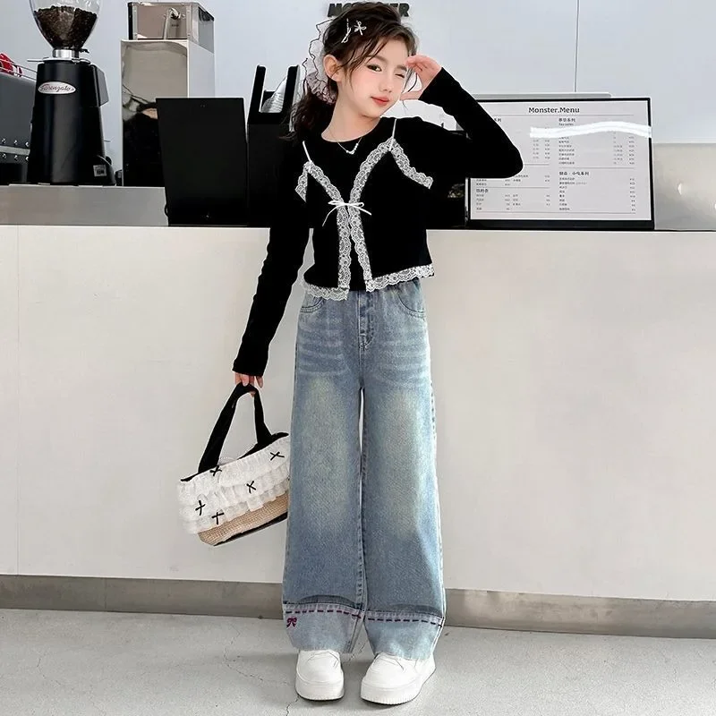 Lace Trimmed Camisole with Patchwork Details 2025 Girl Clothes Elementary T-shirts for Children Girls 9 10 Years Kids 8 Korean 4