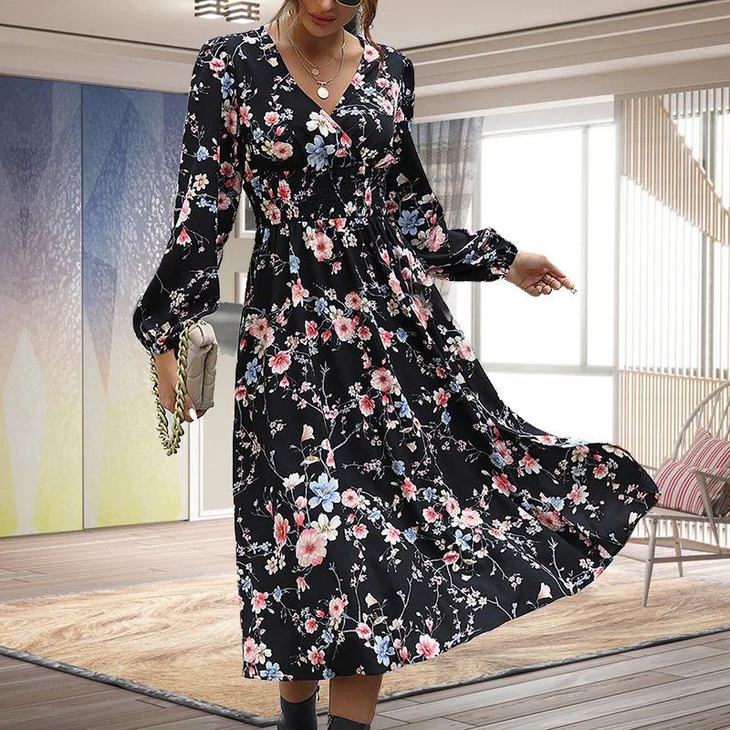 

Summer Dress Women V-neck Floral Dress New Casual Printed Long Dress