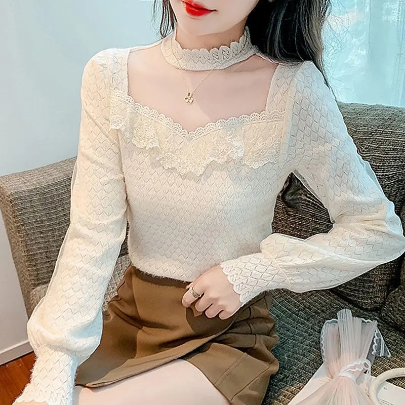 

Lace Mesh Patchwork Fleece Shirt 2026 New Women Spring Autumn Petal Sleeve Stand Collar Blouses Femme All-match Lace Blouse Top