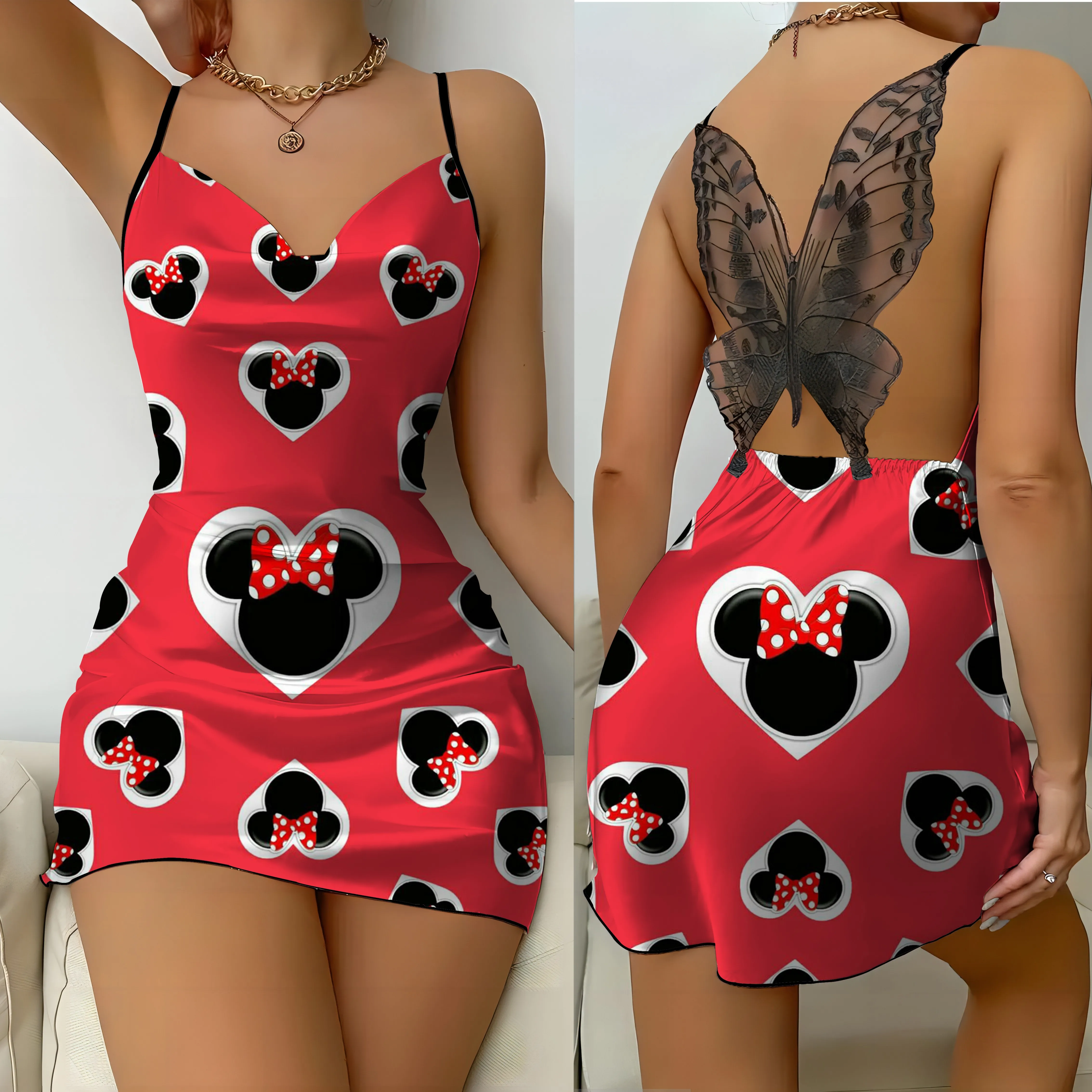 Mickey Backless Dress abiti da festa superficie in raso Disney Minnie Mouse Bow Knot pigiama gonna donna moda estate 2024 Mini Sexy