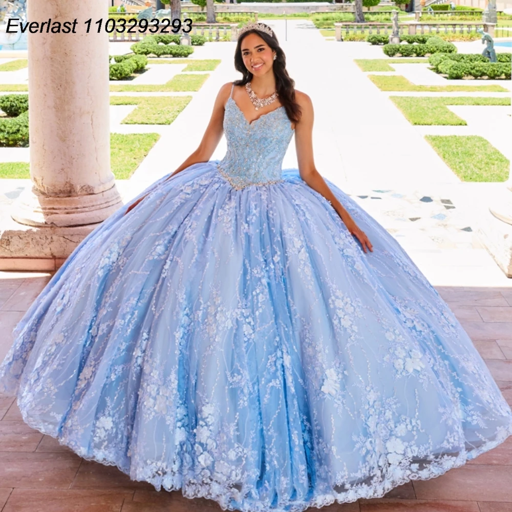 EVLAST-Robe princesse Quinceanera bleu ciel, robe de Rh, appliques en dentelle, perles spaghetti, Mexique, Sweet 16, TQD334