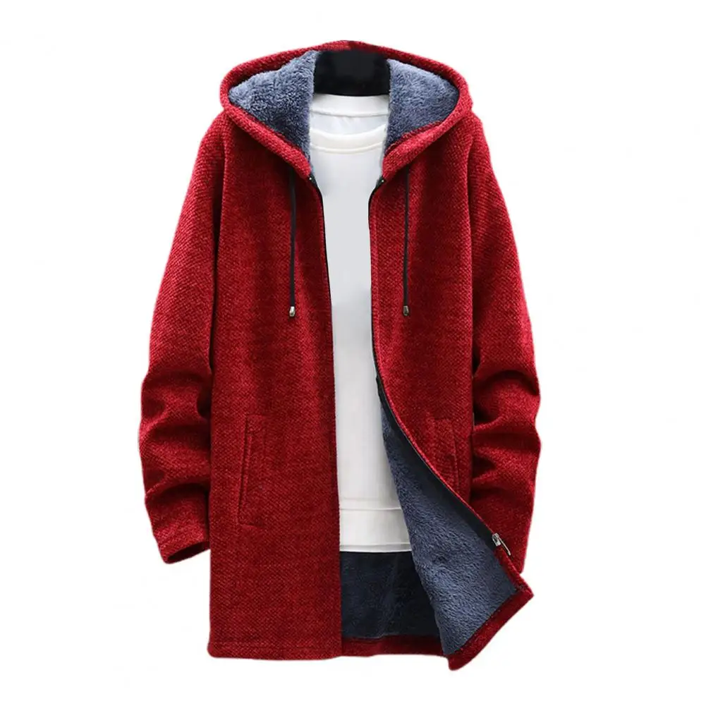 Versatile Men Winter Coat Men's Winter Hooded Knit Coat with Plush Lining Zipper Placket Thickened Knitwear Mid-length for Cold