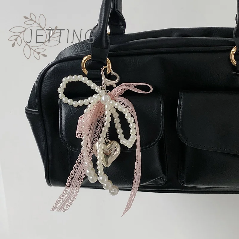 Hot 1Pcs Sweet Lace Bow Beaded Bow Keychain Phone Charm Strap Pendant For Phone Accessories Bag Hanging Cord For Women Girl