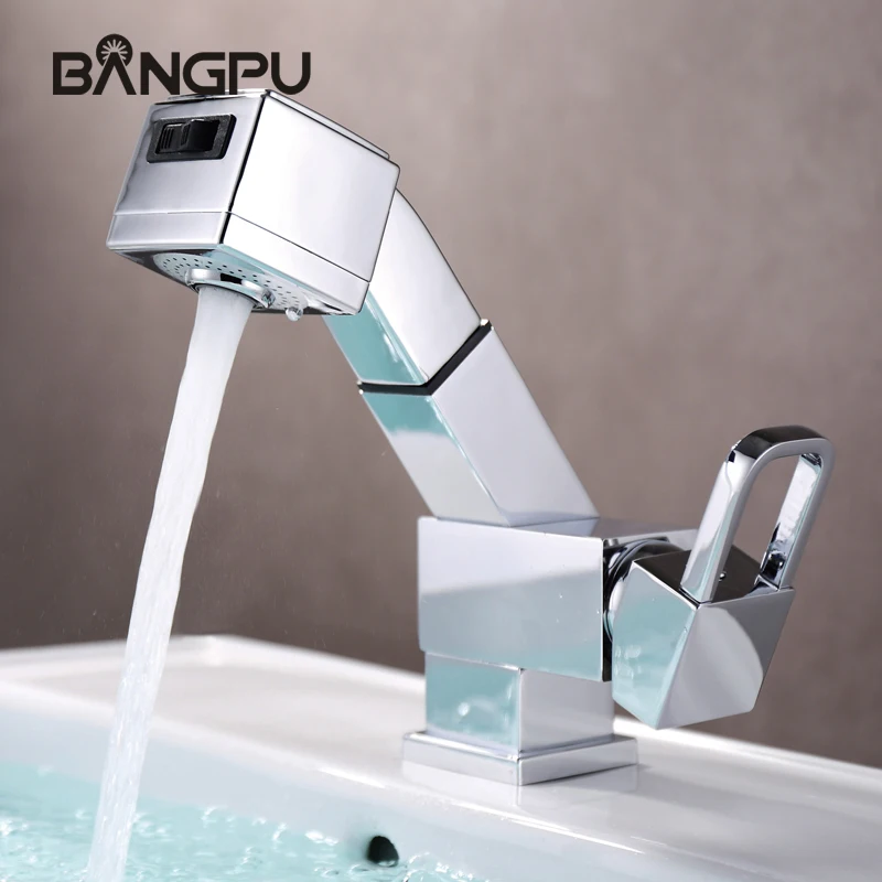 

One Hole Bathroom Pull Out Sink Faucet Deck Mounted 2 Modes Basin Sink Faucet Modern Single Handle Cold Hot Mixer Taps Chrome