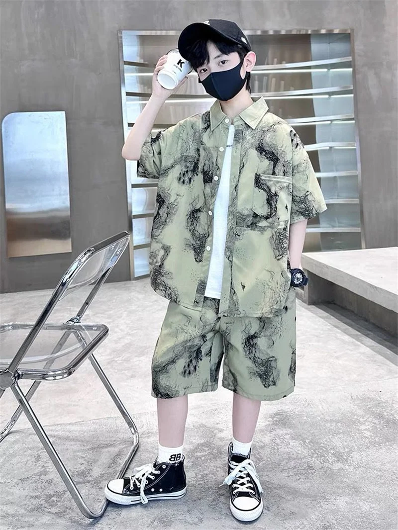 Boys Fashion Suits Kids Trend Tie Dye Top+Shorts 2Pc Children Trun-Down Collar Single-Breasted Shirts Losse Pants Outfits 5-14Y