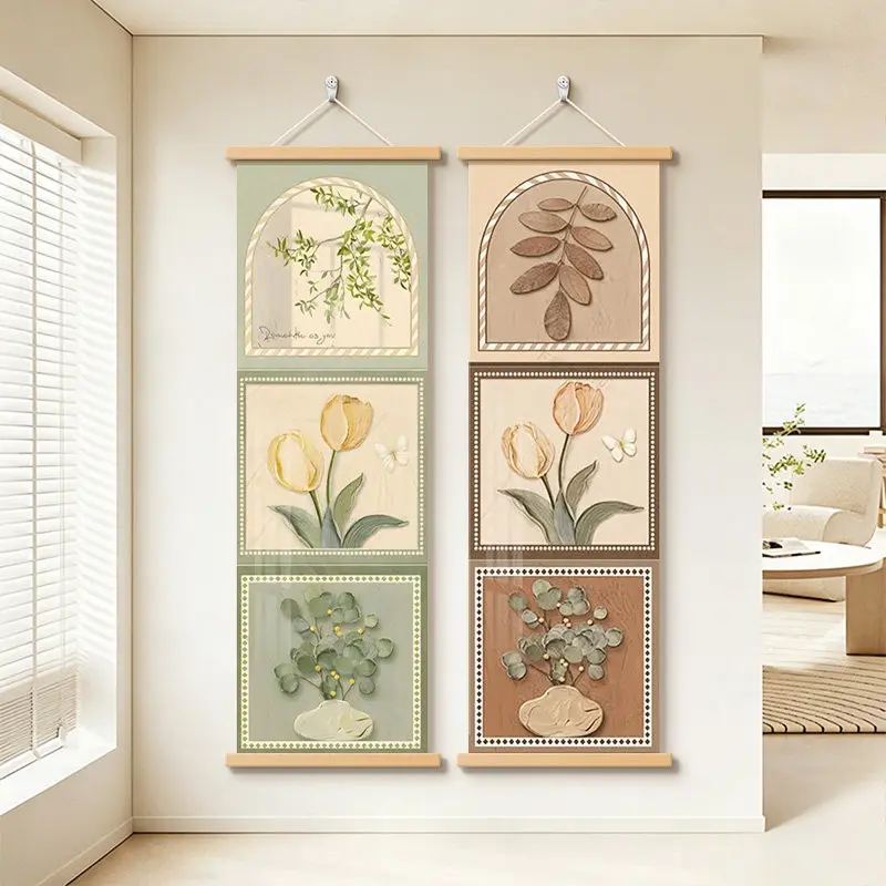 Wall Art Morning Light Floral Panels Pearlescent Canvas Hanging Scroll with Wooden Rods for Hallway Electrical Box Cover