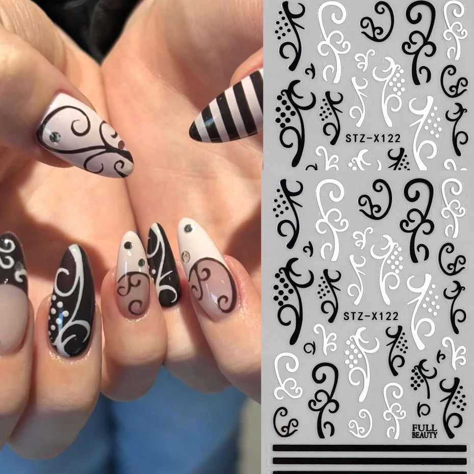 Vine Flower Nail Stickers Vintage Black White Vine Pattern Nail Decals Self-Adhesive Nail Sticker for DIY Manicure Decorations