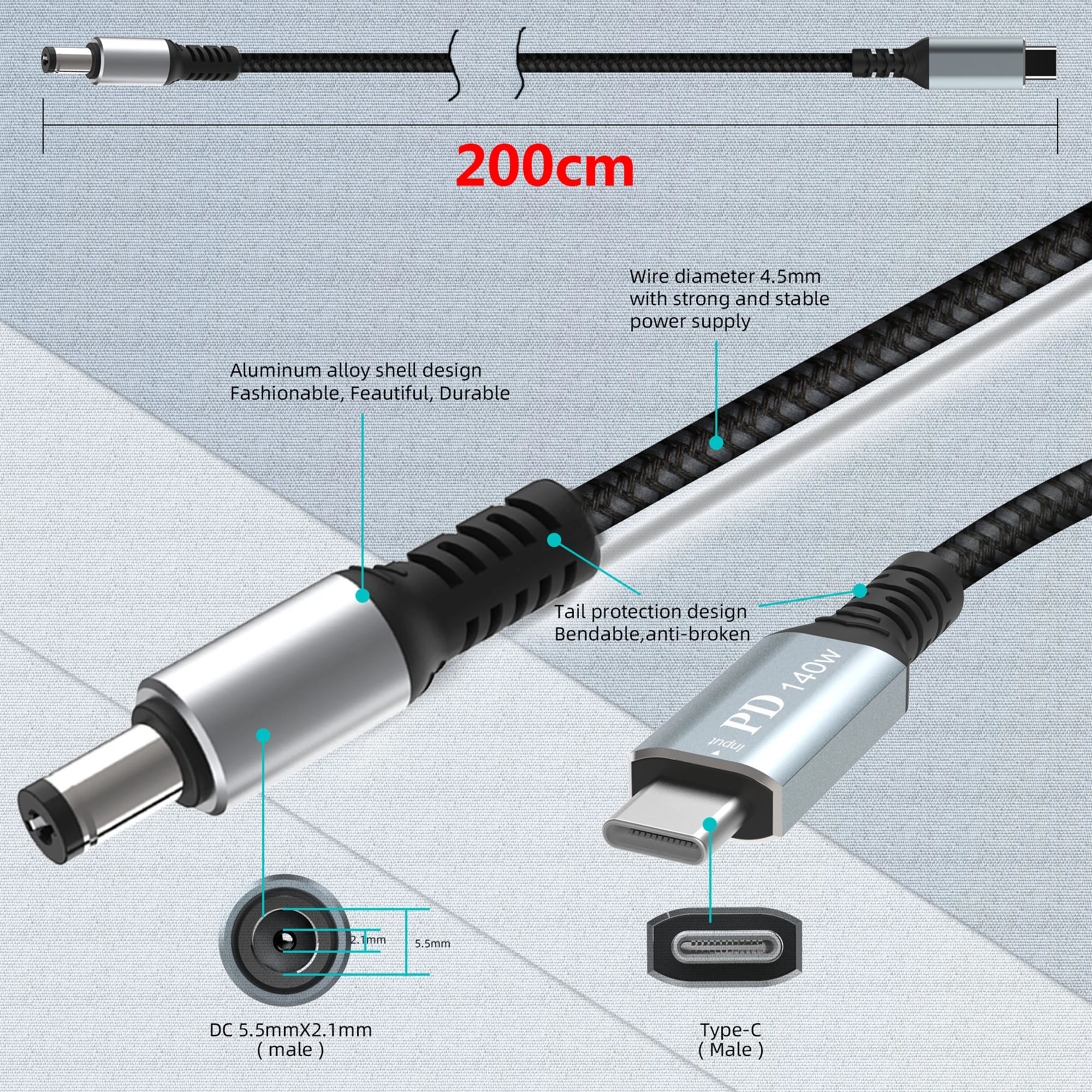 6.6FT/2M For Starlink Mini Power Cable Direct to USB-C, 140W DC 5.5 x 2.1mm Male to Type-C Male Compatible 140W+ PD Power Supply