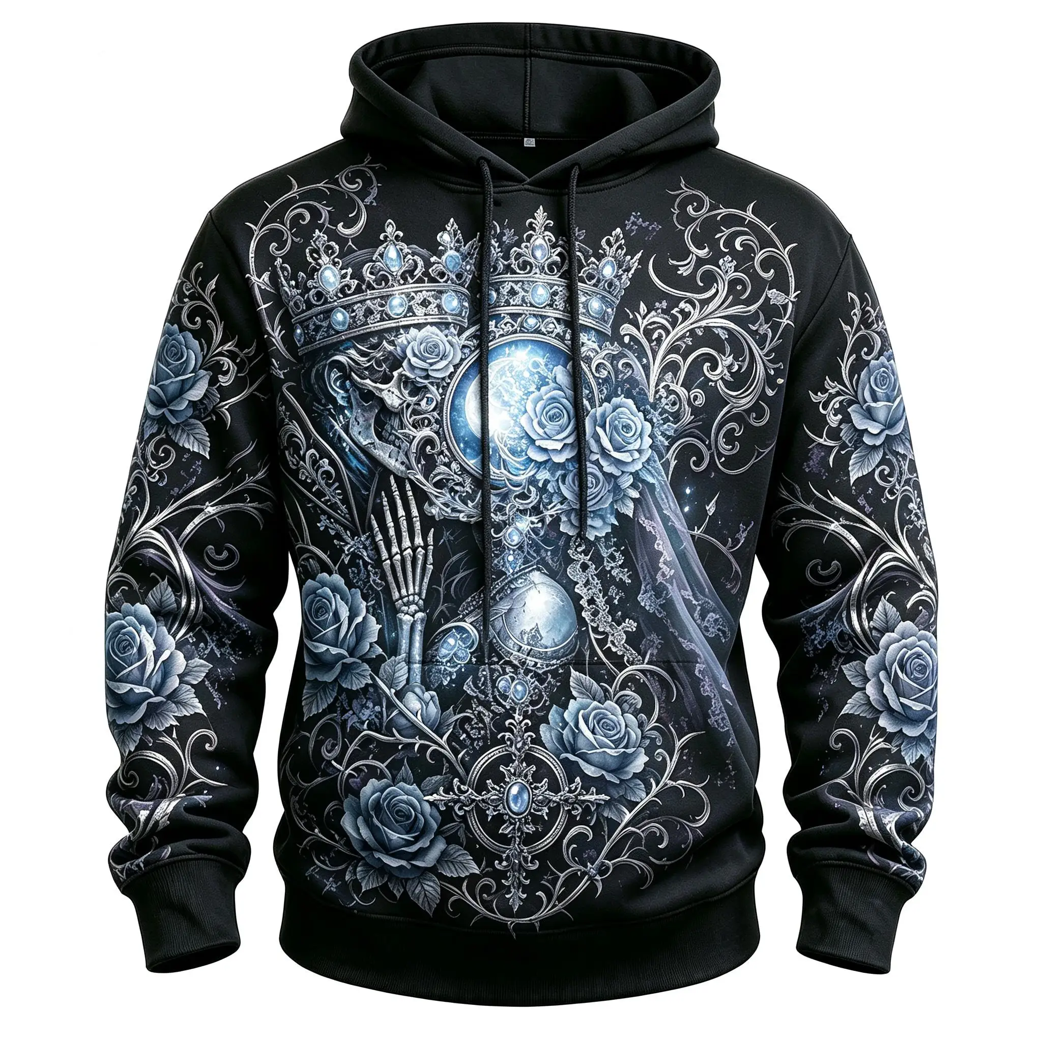 Men's Vintage Baroque Dark Rose Ornamental Frame Full Print Hoodie Gothic Long Sleeve Hooded Sweatshirt For Streetwear