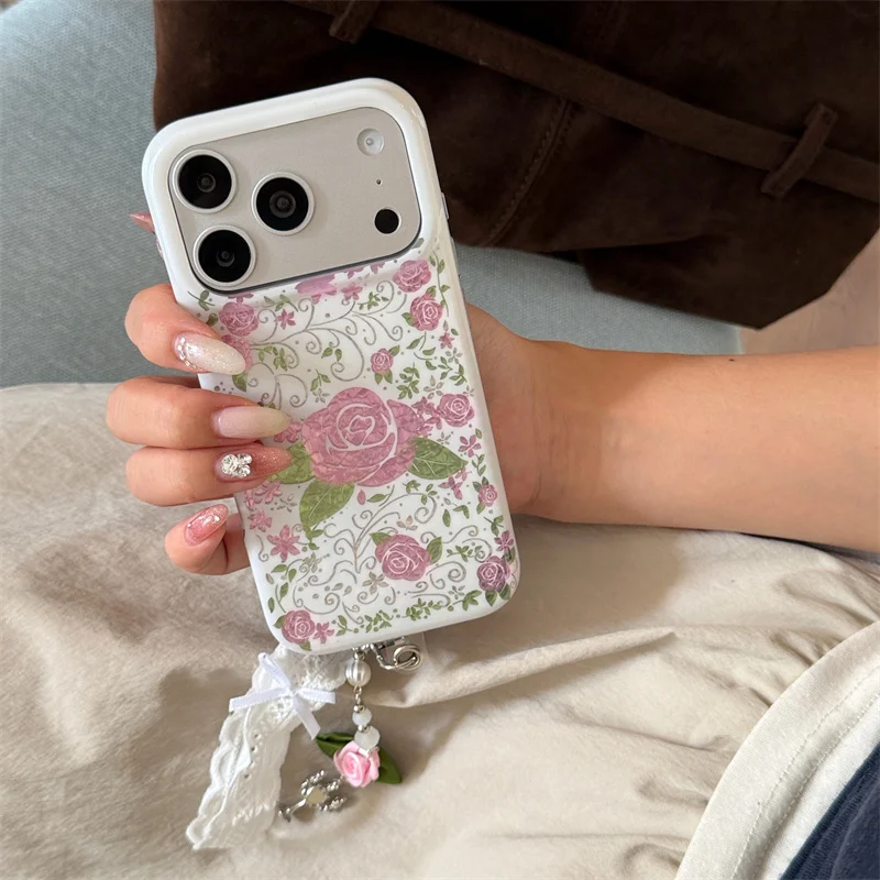 Romantic Pink Rose Flower Print Phone Case for iPhone 16 15 17 18 Pro Max White Shell Texture Back With Lace Wrist Chain Cover