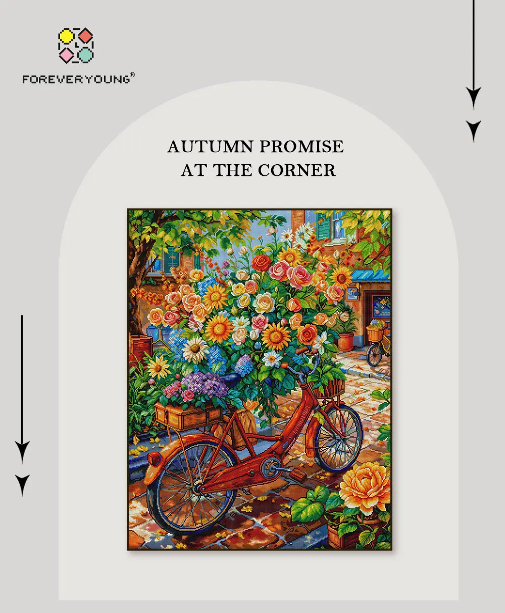 Foreveryoung Bicycle Full of Blooms Diamond Kit, 70×90cm, Triple Diamonds. Bright Floral Wall Decor, Nice DIY Gift.
