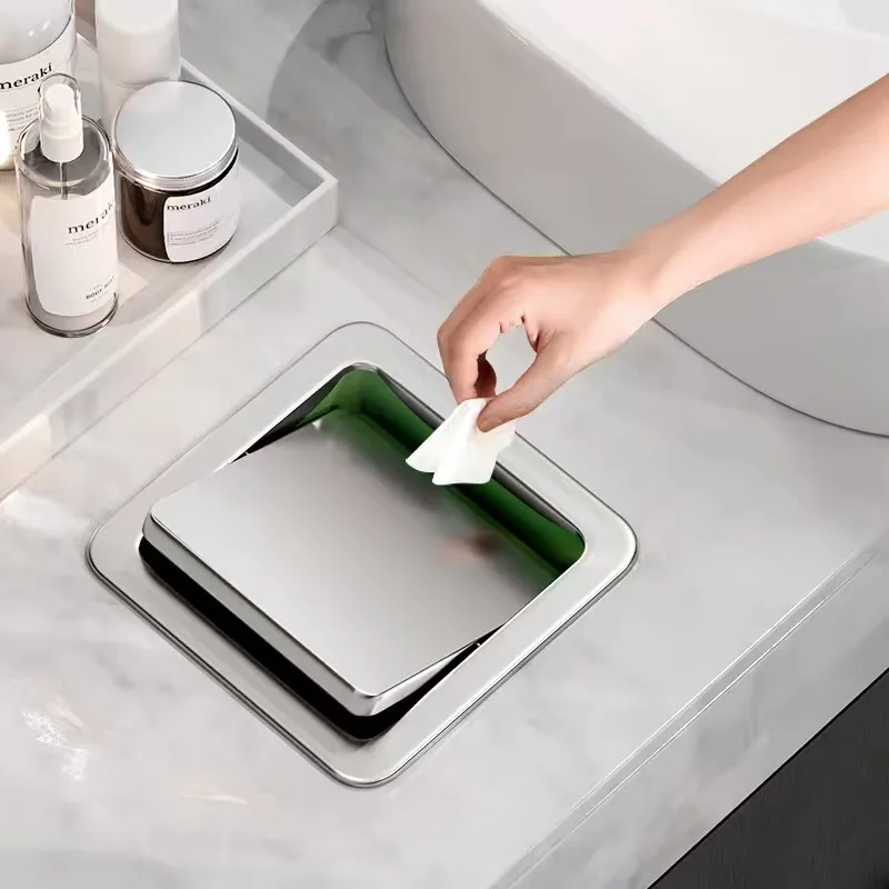Stainless Steel Waste Bins Built-in Shaking Cover Trash Can Bathroom Portable Waste Bin Modern Kitchen Food Dispose Trash Can