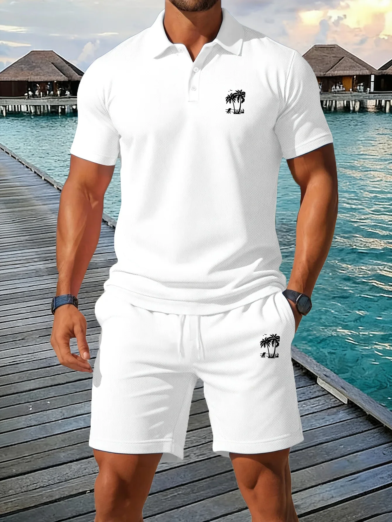 Summer New Men's Polo Shirt Set Casual Sporty Cool Fashionable Slim Fit Breathable Solid Color Short‑Sleeved Shorts Set Men's view 3