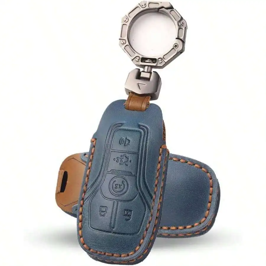

Leather Car Key Fob Cover For Ford Mustang GT Escape ST F-150 F-250 F-350 Expedition Ranger Bronco Sport 2018-2025 5 Button Blue