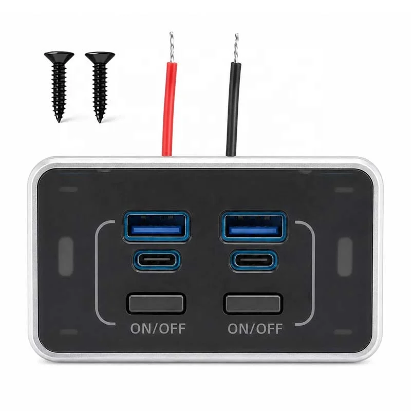 78W 12-24V USB Outlet 4-Port Dual PD Type-C & QC3.0 Wall Mount with Switch Quick Charge Adapter Marine Bus